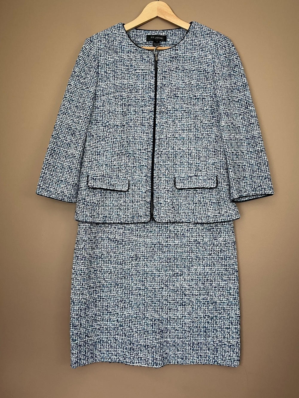 {St. John} Tweed Wool Blend Skirt Suit with Zip Front Jacket - Womens 14 & 12